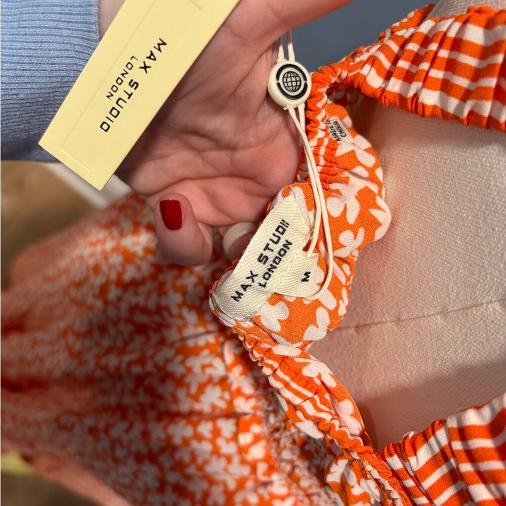 Max Studio London Orange Floral Halter Maxi Dress Smocked Waist NWT Size M - Picture 4 of 9